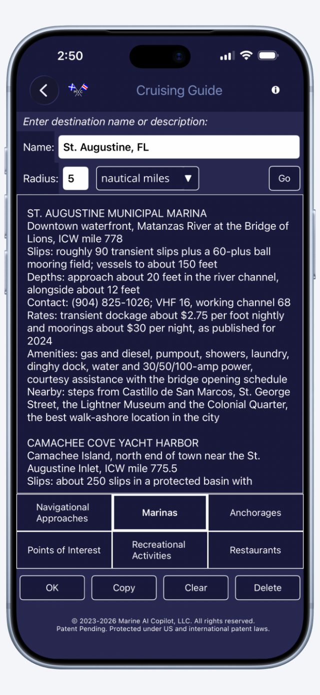 Cruising guide for a destination, showing the marinas section as cards.