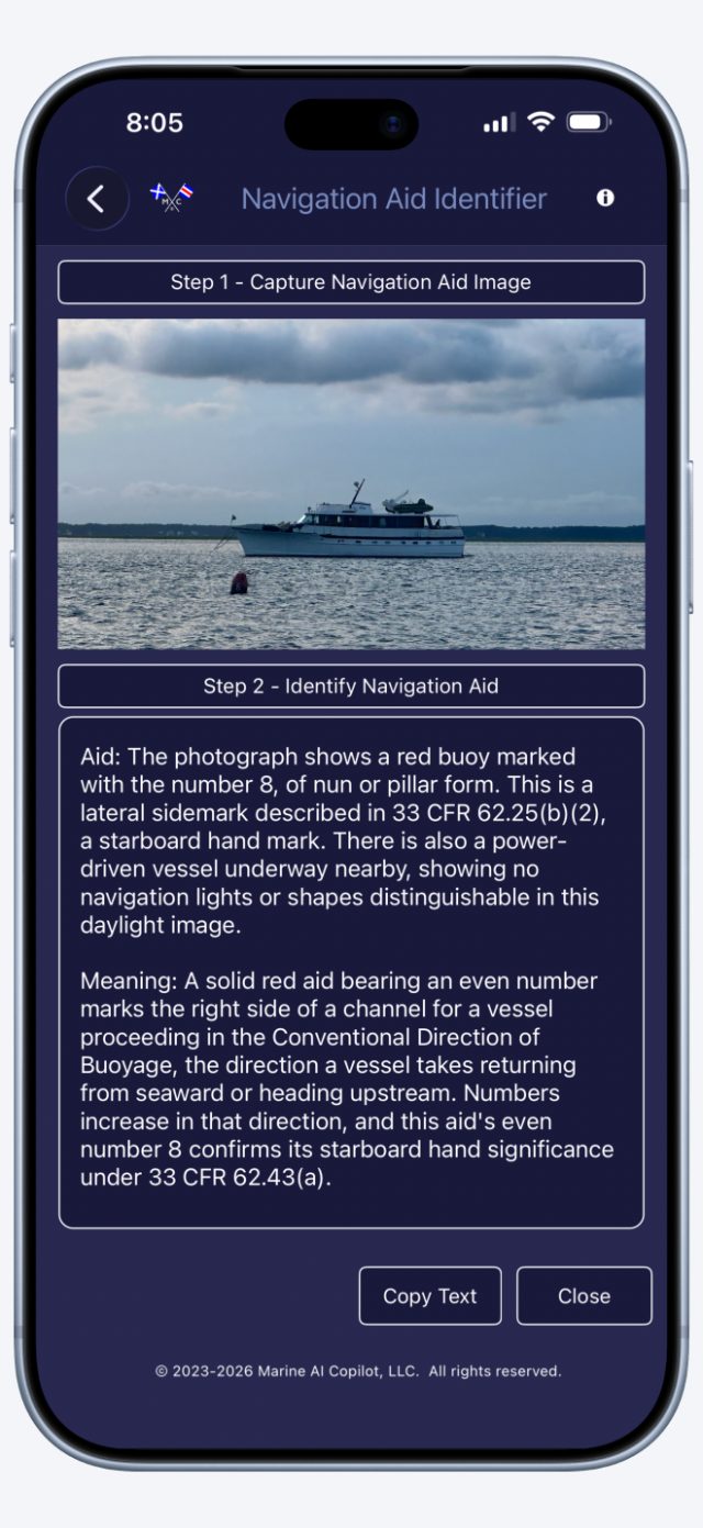 Navigation Aid Identifier answering from a photo of a red nun buoy numbered 8, citing the regulation it answers from.
