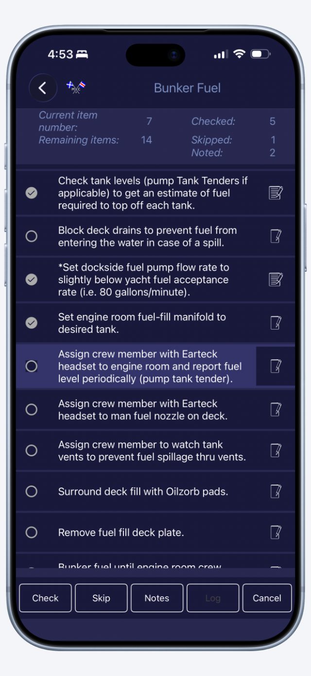 A procedure checklist in progress, aircraft style, with the current item highlighted.