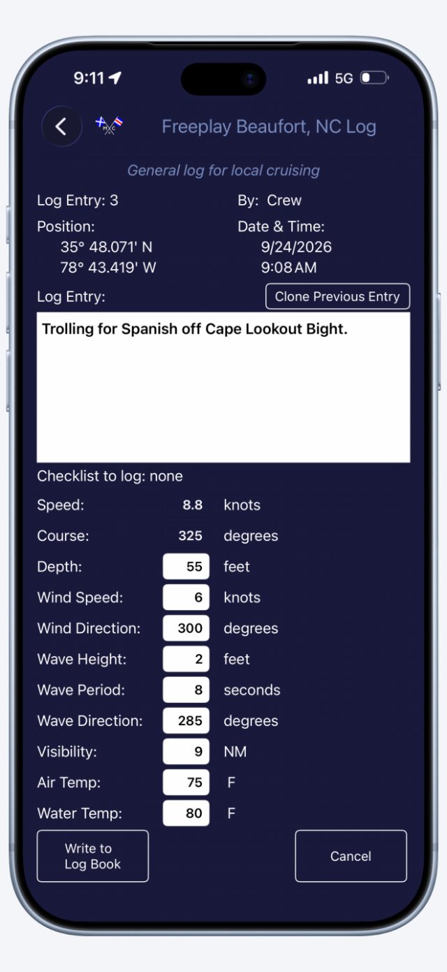 A ship's log entry with position, course and speed from GPS.