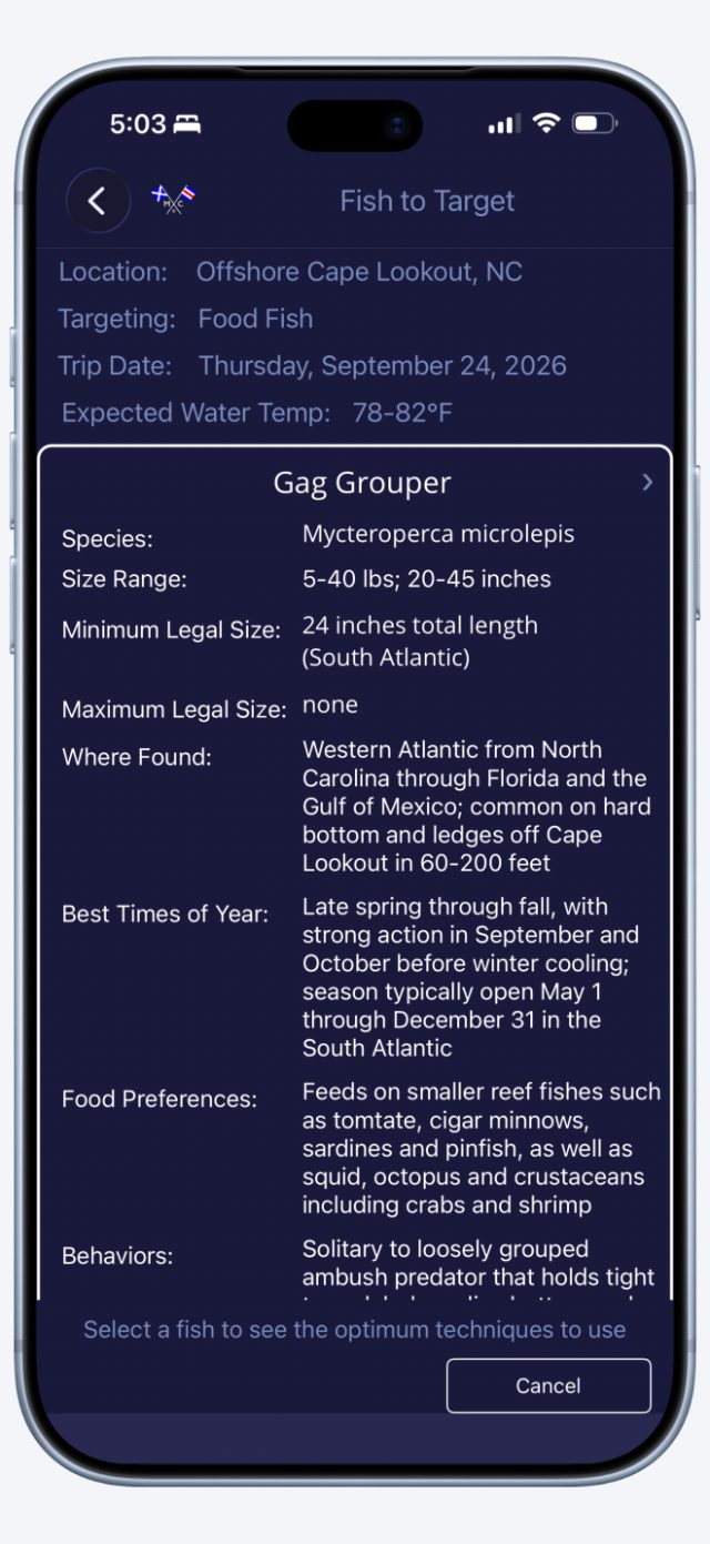 Fish to Target results for a fishing trip.