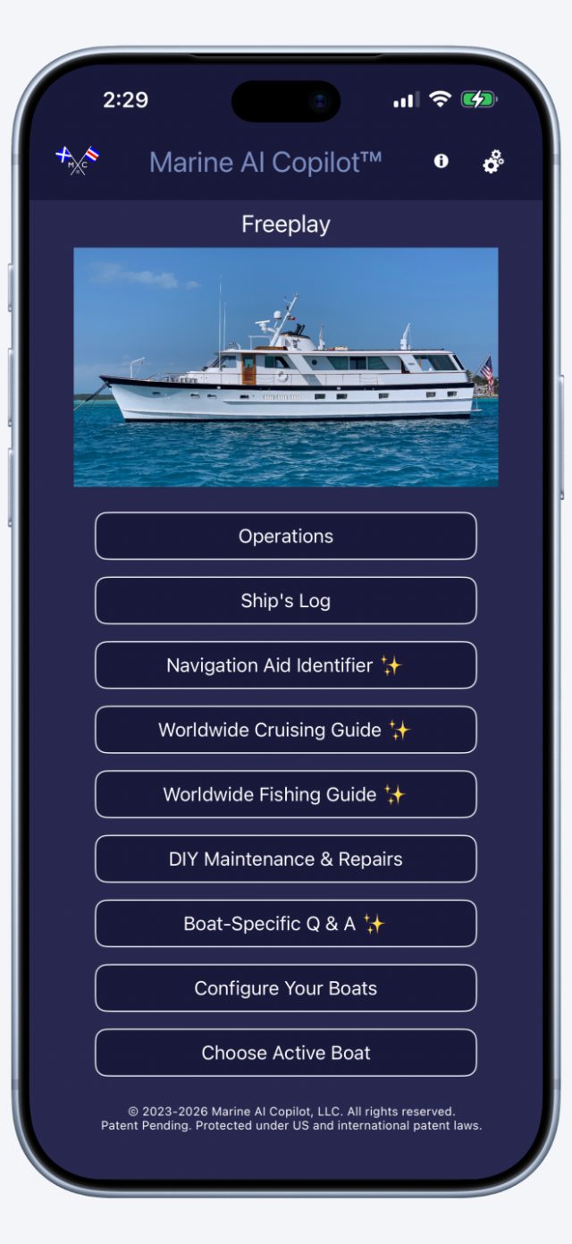 The main page with the active boat and the feature buttons.