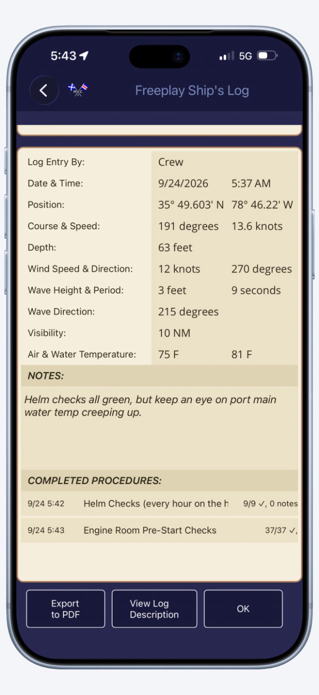 A completed checklist recorded in a ship's log entry.