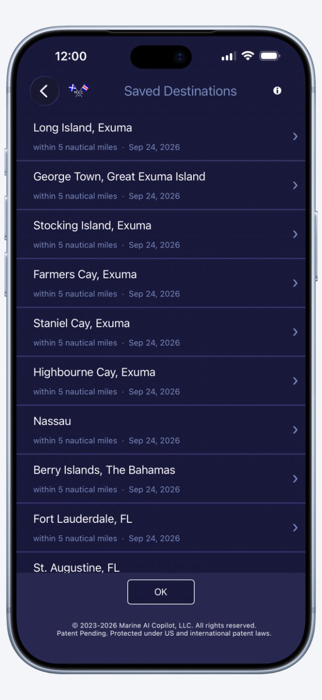 Saved cruising destinations, available offline.