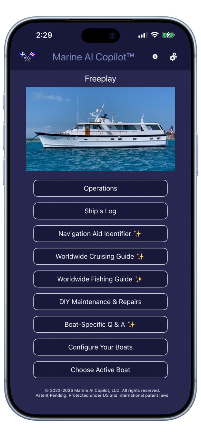 The Marine AI Copilot main page on an iPhone: the active boat's photo above buttons for Operations, Ship's Log, Navigation Aid Identifier, Worldwide Cruising Guide, Worldwide Fishing Guide, DIY Maintenance and Repairs, Boat-Specific Q and A, and boat configuration.